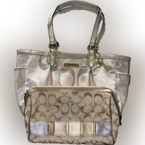Gold Coach bag and makeup bag